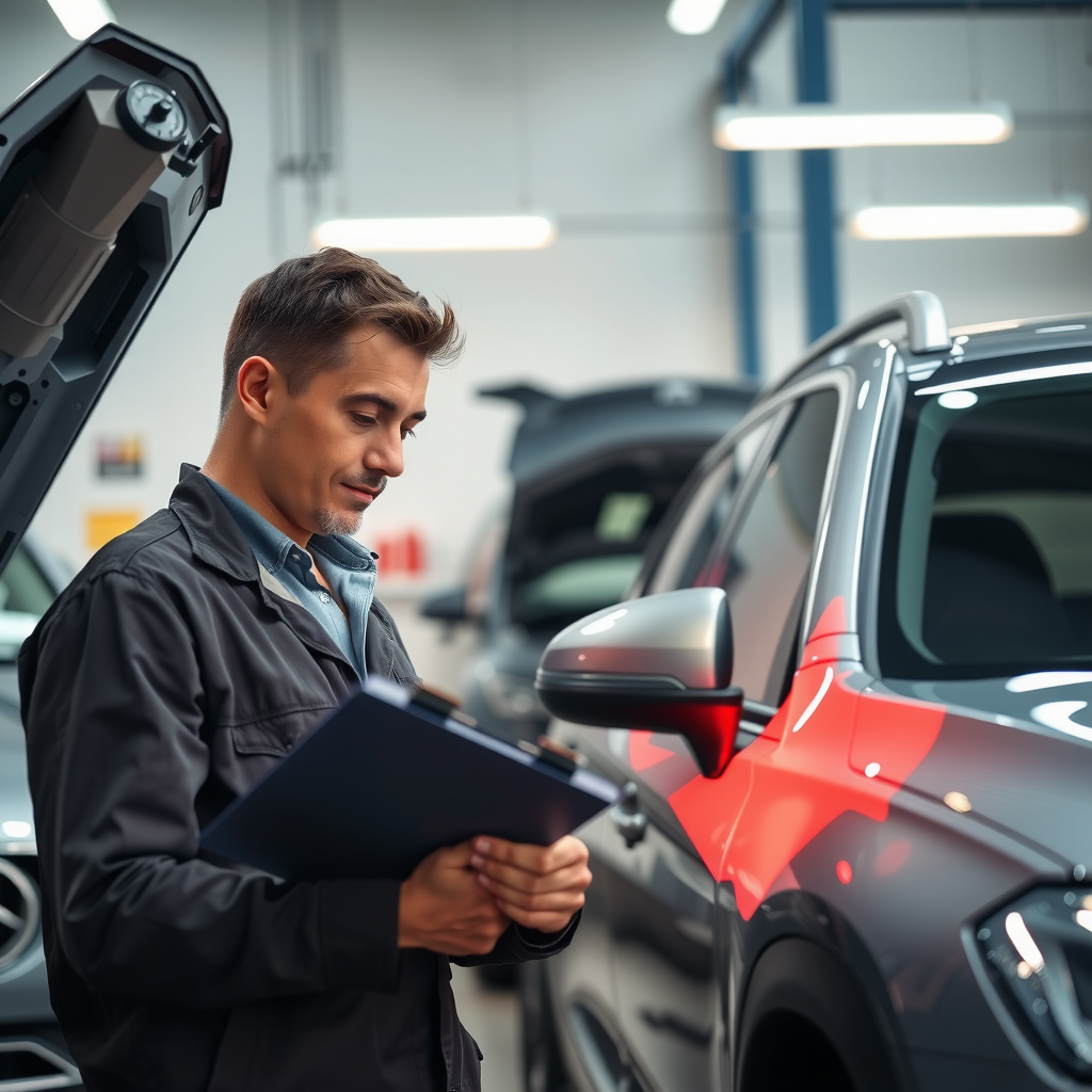 Profesional inspeccionando un vehículo con portapapeles y linterna, verificando la calidad y seguridad del automóvil en un taller moderno y bien iluminado