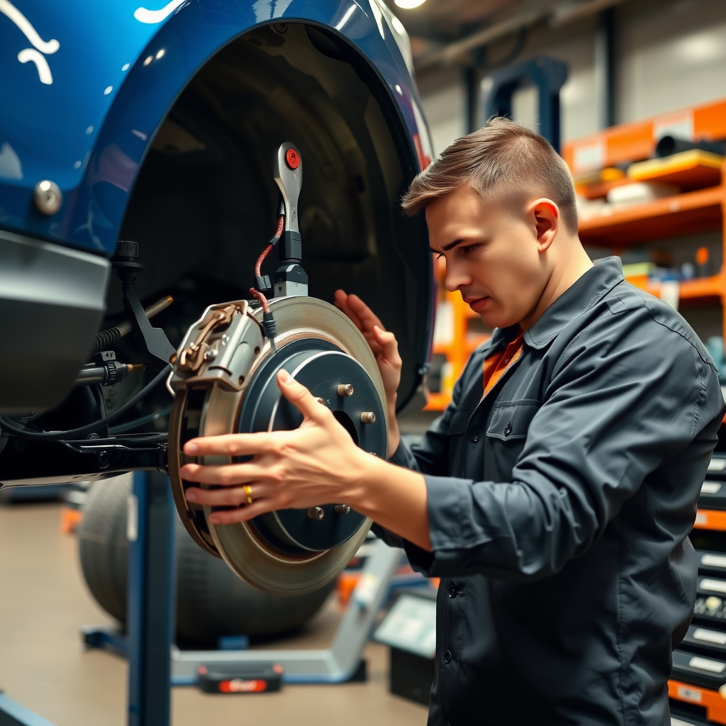 Mecánico profesional inspeccionando sistema de frenos de un automóvil usado en taller argentino, verificando pastillas, discos y neumáticos con herramientas especializadas