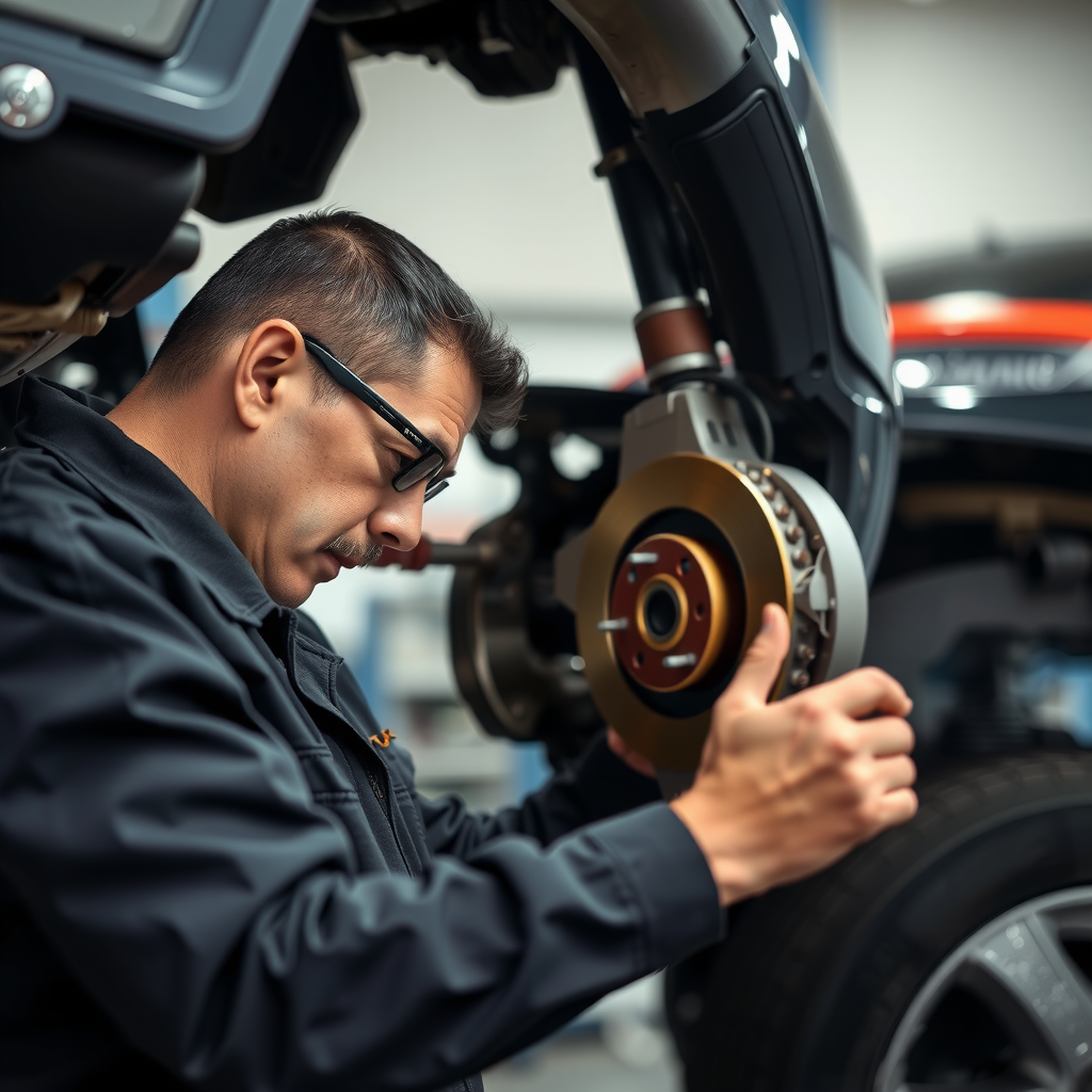 Mecánico profesional realizando inspección detallada de seguridad en un vehículo usado en taller argentino, revisando sistema de frenos y componentes críticos con herramientas especializadas