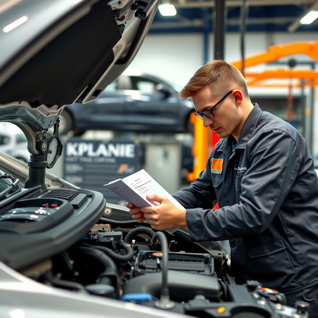 Mecánico profesional inspeccionando motor de automóvil durante prueba de manejo con herramientas de diagnóstico y lista de verificación en taller automotriz moderno