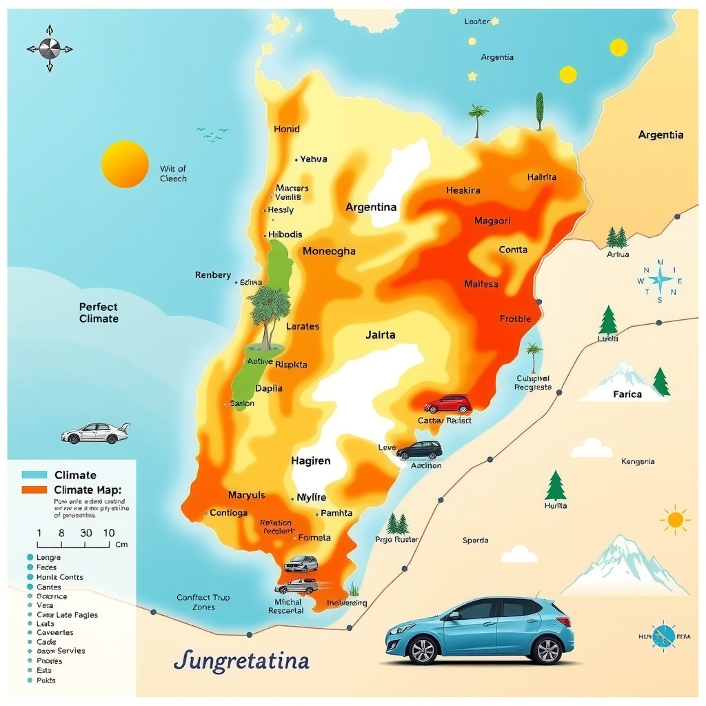 Mapa climático detallado de Argentina mostrando las diferentes zonas climáticas desde el norte subtropical húmedo hasta la Patagonia fría, con ilustraciones de vehículos recomendados para cada región y símbolos meteorológicos representativos