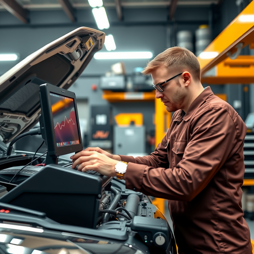 Inspector certificado utilizando equipo de diagnóstico computarizado para revisar motor de vehículo en taller profesional bien iluminado