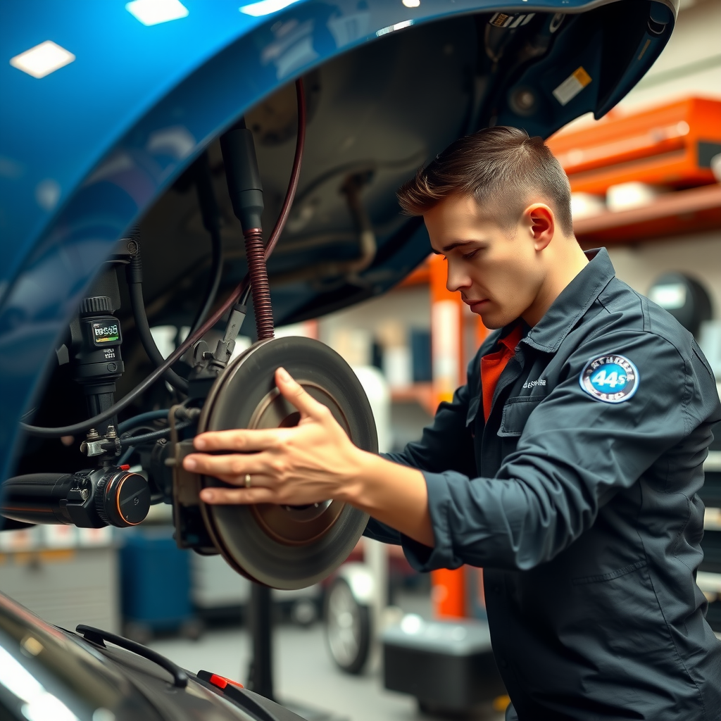 Mecánico profesional inspeccionando sistema de frenos de un automóvil usado en un taller automotriz argentino, con herramientas de diagnóstico y checklist de seguridad visible