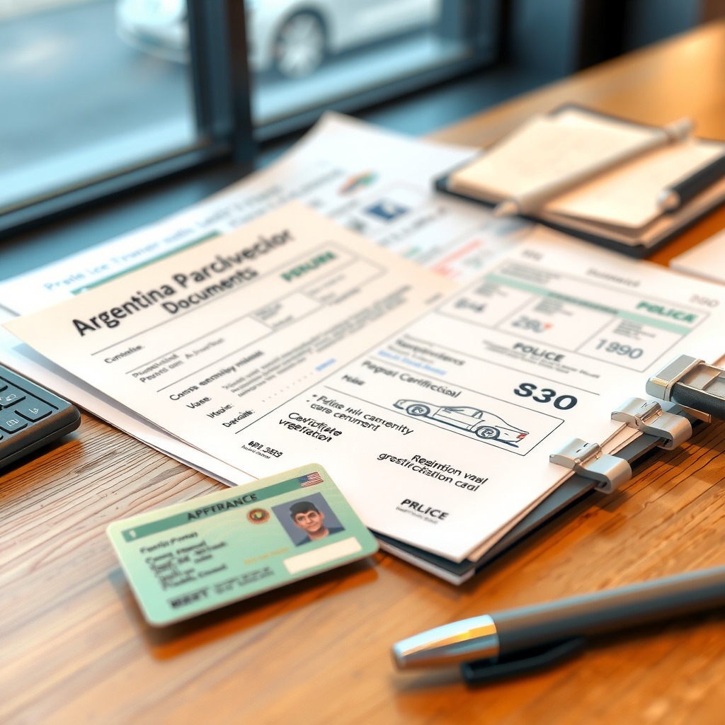 Documentos legales de transferencia vehicular en Argentina incluyendo título de propiedad, cédula verde, verificación policial y formularios oficiales sobre escritorio profesional