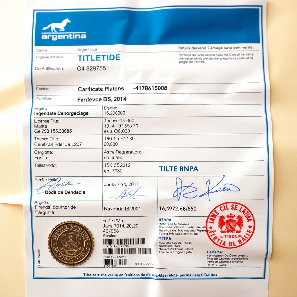 Título de propiedad argentino auténtico con sello holográfico del RNPA mostrando detalles de vehículo, dominio, número de motor y chasis, datos del propietario actual, sin tachaduras ni enmiendas, con todas las firmas y sellos oficiales visibles
