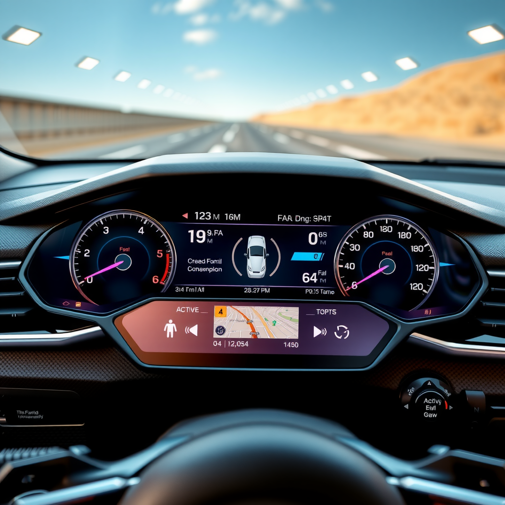 Panel de instrumentos digital moderno de vehículo familiar mostrando indicadores de consumo de combustible en tiempo real, sistemas de asistencia al conductor activos, y pantalla táctil central con información de navegación