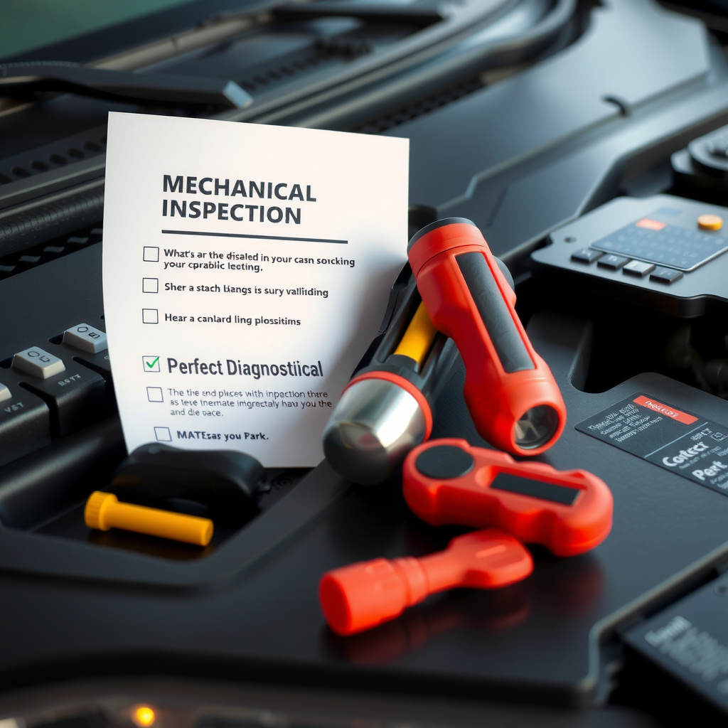 Lista de verificación detallada impresa con ítems de inspección mecánica junto a herramientas básicas de diagnóstico y linterna sobre capó de vehículo