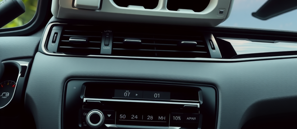 Automóvil moderno equipado con sistema de aire acondicionado de alta capacidad, mostrando el panel de control climático digital, ventilaciones múltiples y vidrios polarizados, en un entorno subtropical húmedo con vegetación exuberante y cielo despejado