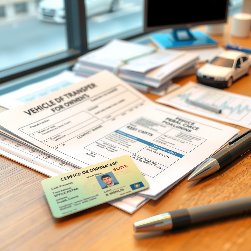 Documentos legales de transferencia vehicular en Argentina incluyendo título de propiedad, cédula verde, verificación policial y formularios oficiales sobre escritorio de oficina