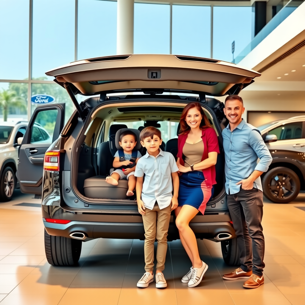 Familia argentina feliz junto a SUV moderna espaciosa en concesionario de Buenos Aires, mostrando interior amplio con asientos de seguridad para niños y maletero grande