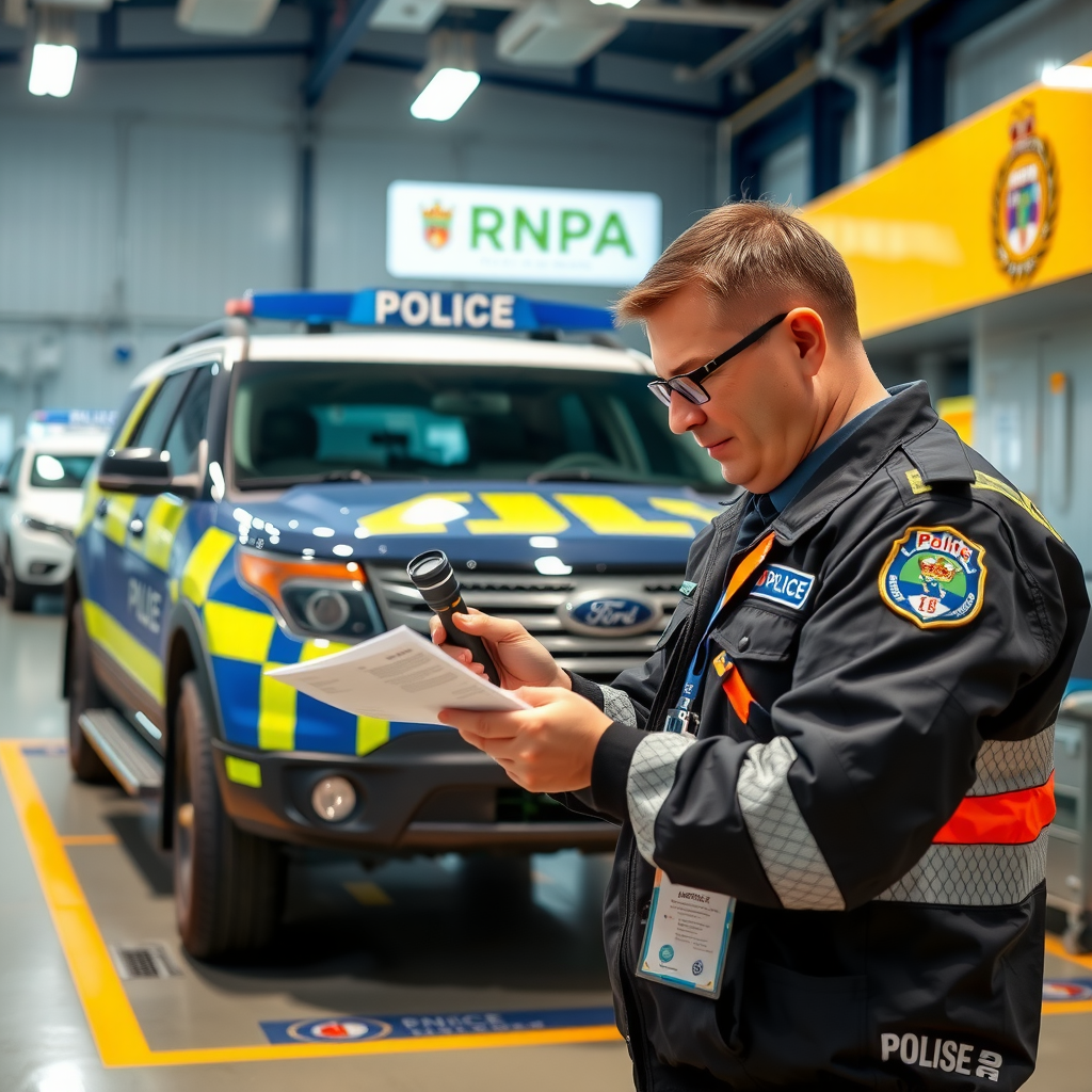Inspector oficial realizando verificación policial de vehículo en planta autorizada del RNPA, examinando número de chasis con linterna y lupa, comparando con documentación, en ambiente profesional con equipo de verificación y sellos oficiales visibles