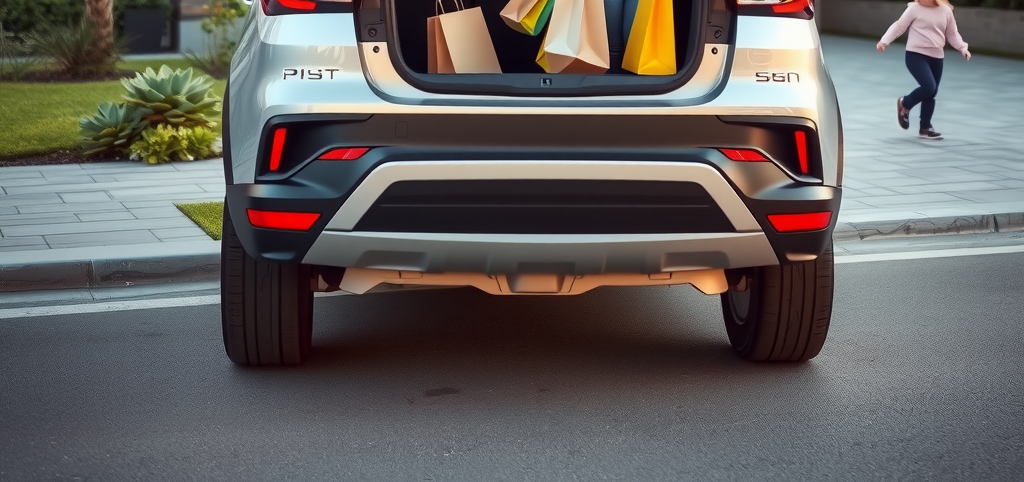 SUV compacta plateada moderna estacionada frente a casa residencial en barrio de Buenos Aires, con familia descargando bolsas de compras del amplio maletero, niños jugando en el jardín al fondo, luz natural de tarde
