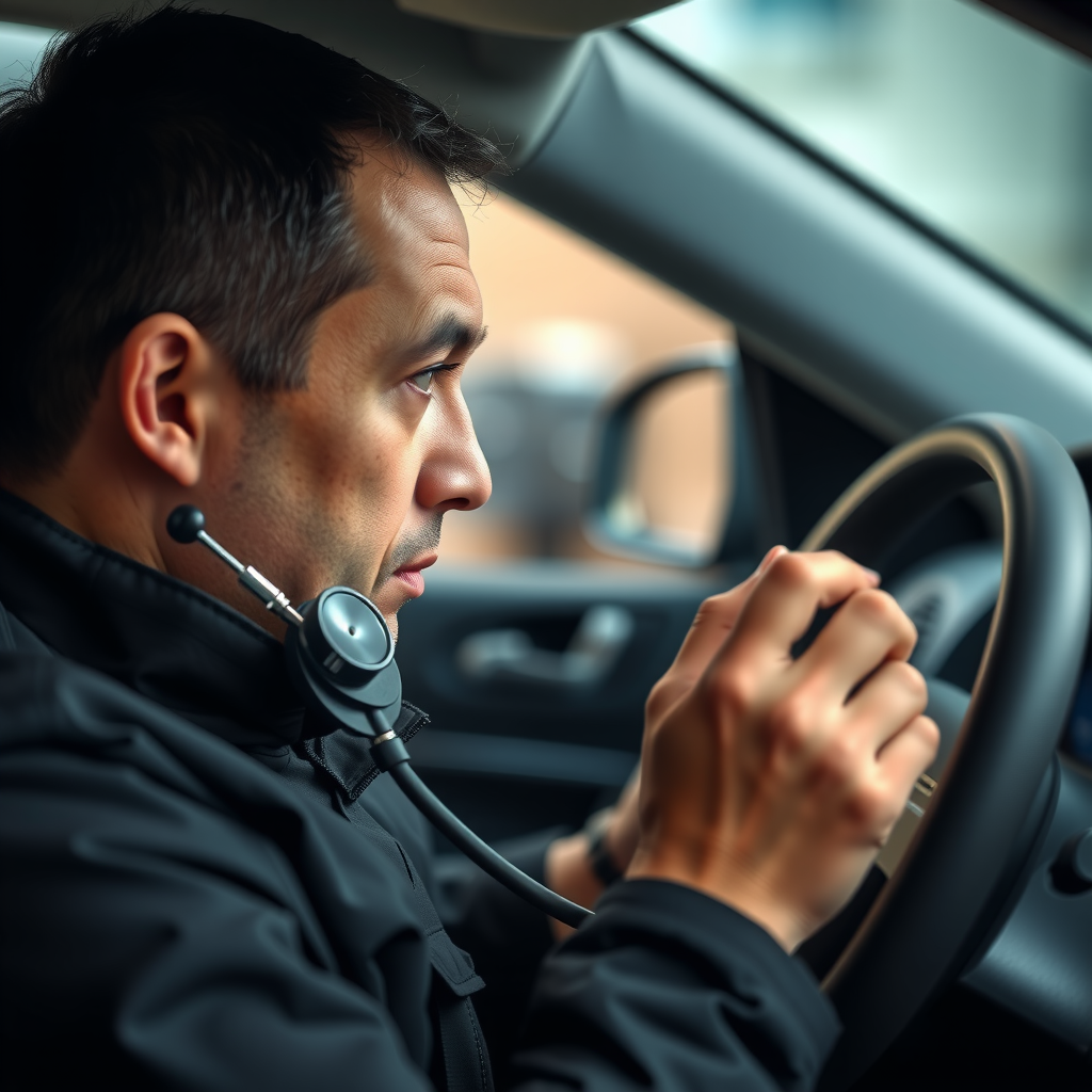 Primer plano de mecánico usando estetoscopio automotriz para escuchar sonidos del motor mientras conduce en ruta de prueba