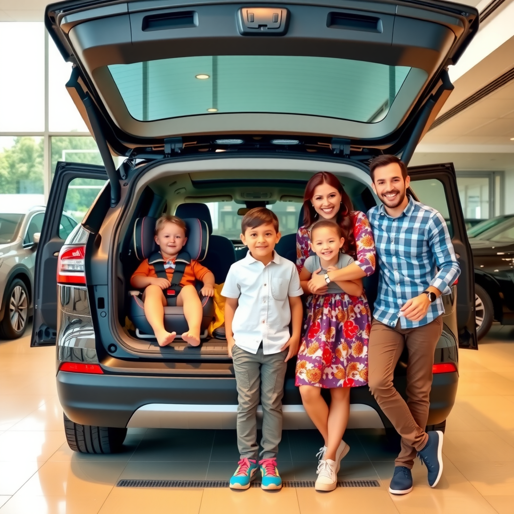 Familia argentina feliz con niños junto a un SUV moderno y espacioso en concesionario de Buenos Aires, mostrando interior amplio con asientos de seguridad infantil y maletero grande