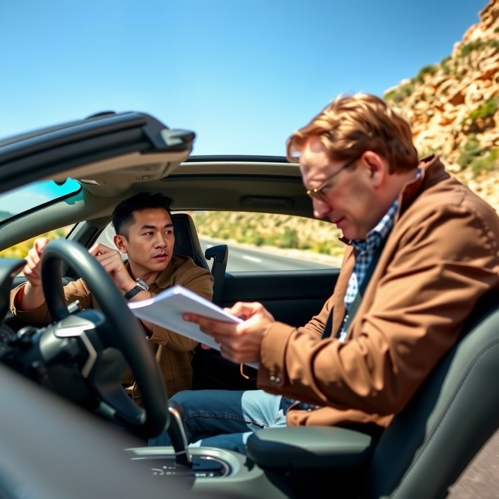 Comprador realizando prueba de manejo detallada en ruta argentina, escuchando atentamente sonidos del motor y probando frenos mientras inspector toma notas en portapapeles