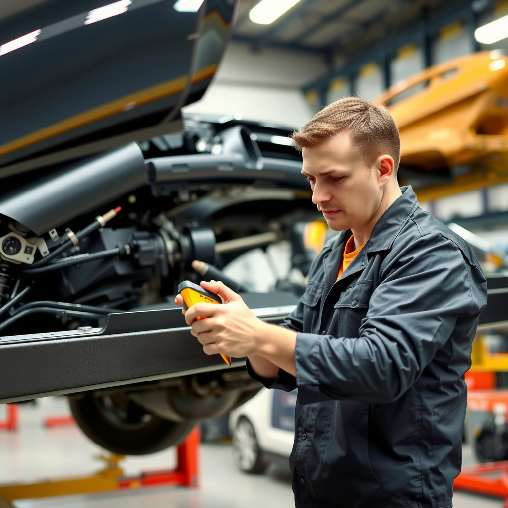 Técnico especializado inspeccionando chasis y estructura de vehículo usado con herramientas de medición, verificando alineación de paneles y ausencia de daños por colisión
