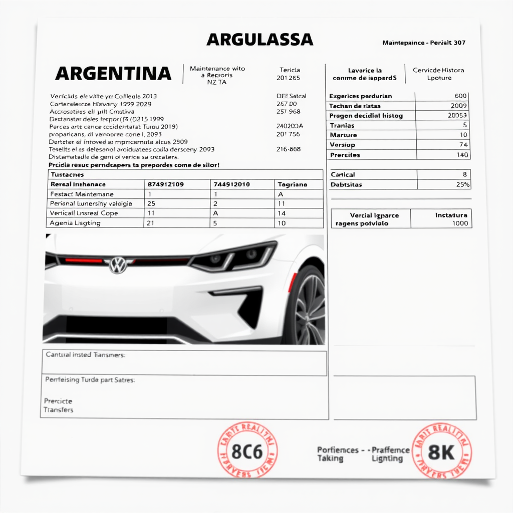 Informe detallado de historia vehicular argentino mostrando registros completos de mantenimiento, historial de accidentes reportados, transferencias previas de propiedad, kilometraje verificado, inspecciones técnicas realizadas y estado de deudas, presentado en formato profesional con sellos oficiales