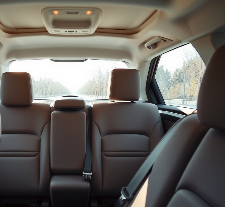 Interior de sedán familiar moderno mostrando asientos traseros espaciosos con tapizado de calidad, sistema de anclaje ISOFIX visible, amplio espacio para piernas, ventanas grandes con luz natural, detalles de acabado premium