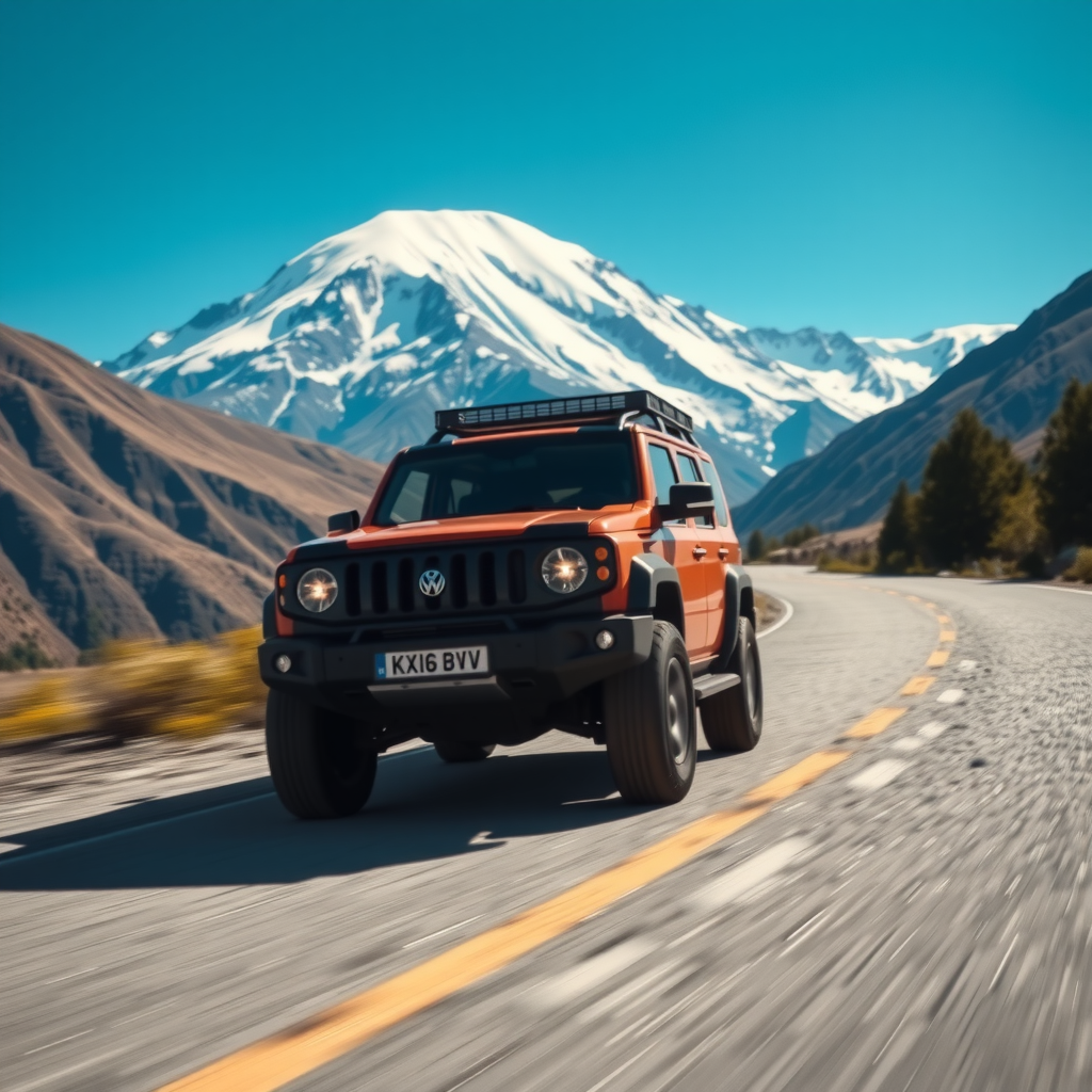 SUV robusto conduciendo por una ruta de montaña en los Andes argentinos, con picos nevados al fondo, cielo azul intenso, mostrando capacidades de tracción y rendimiento en altitud, con vegetación de altura y camino sinuoso