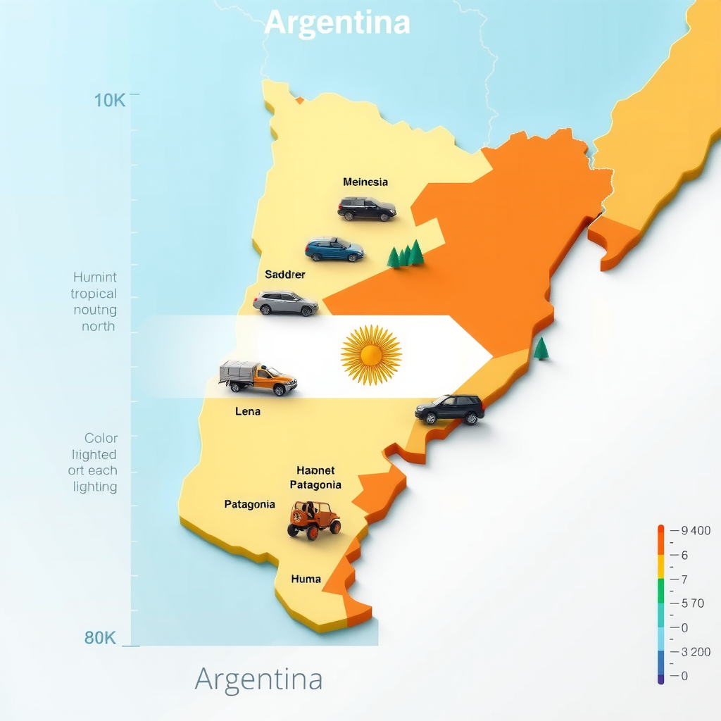 Mapa de Argentina mostrando diferentes zonas climáticas desde el norte subtropical húmedo hasta la Patagonia fría, con vehículos adaptados a cada región y símbolos de temperatura