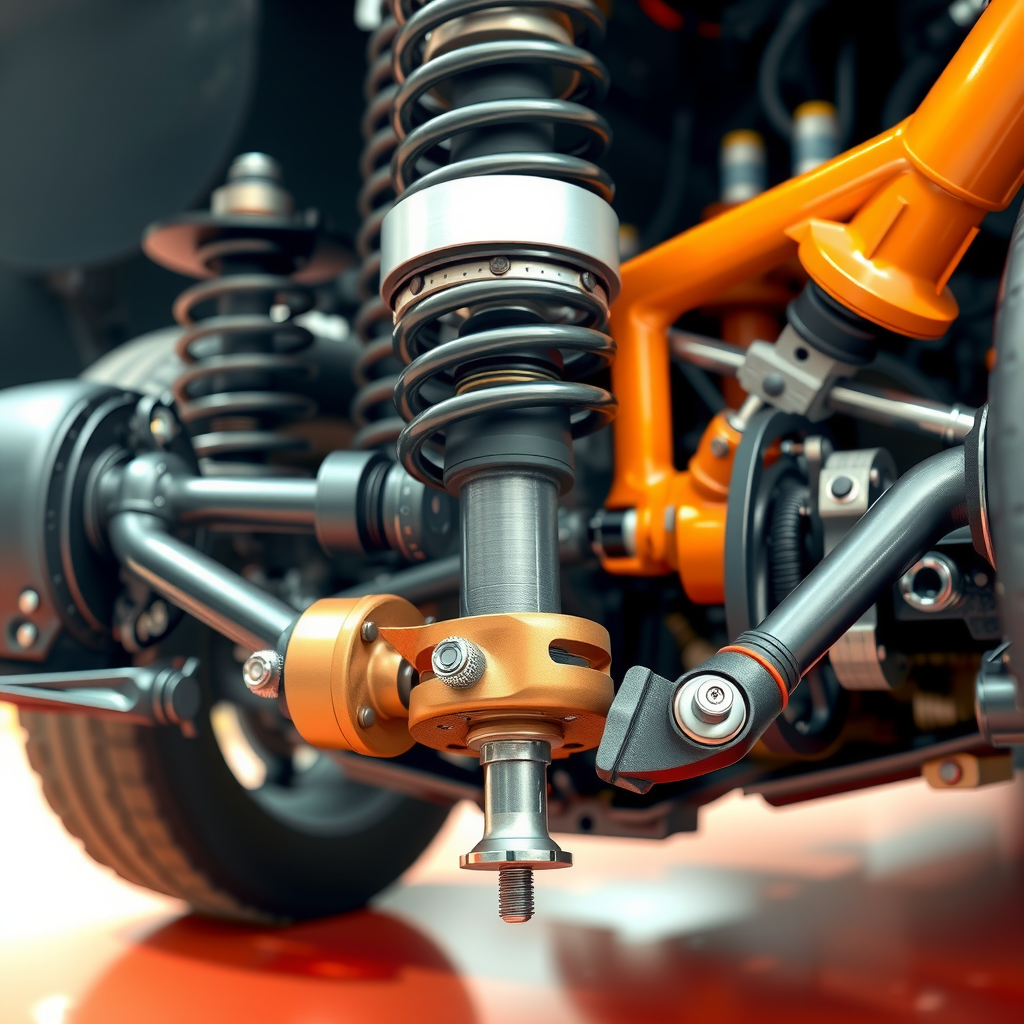 Vista detallada de sistema de suspensión y dirección de vehículo mostrando amortiguadores, brazos de control, rótulas y componentes de dirección en condición óptima