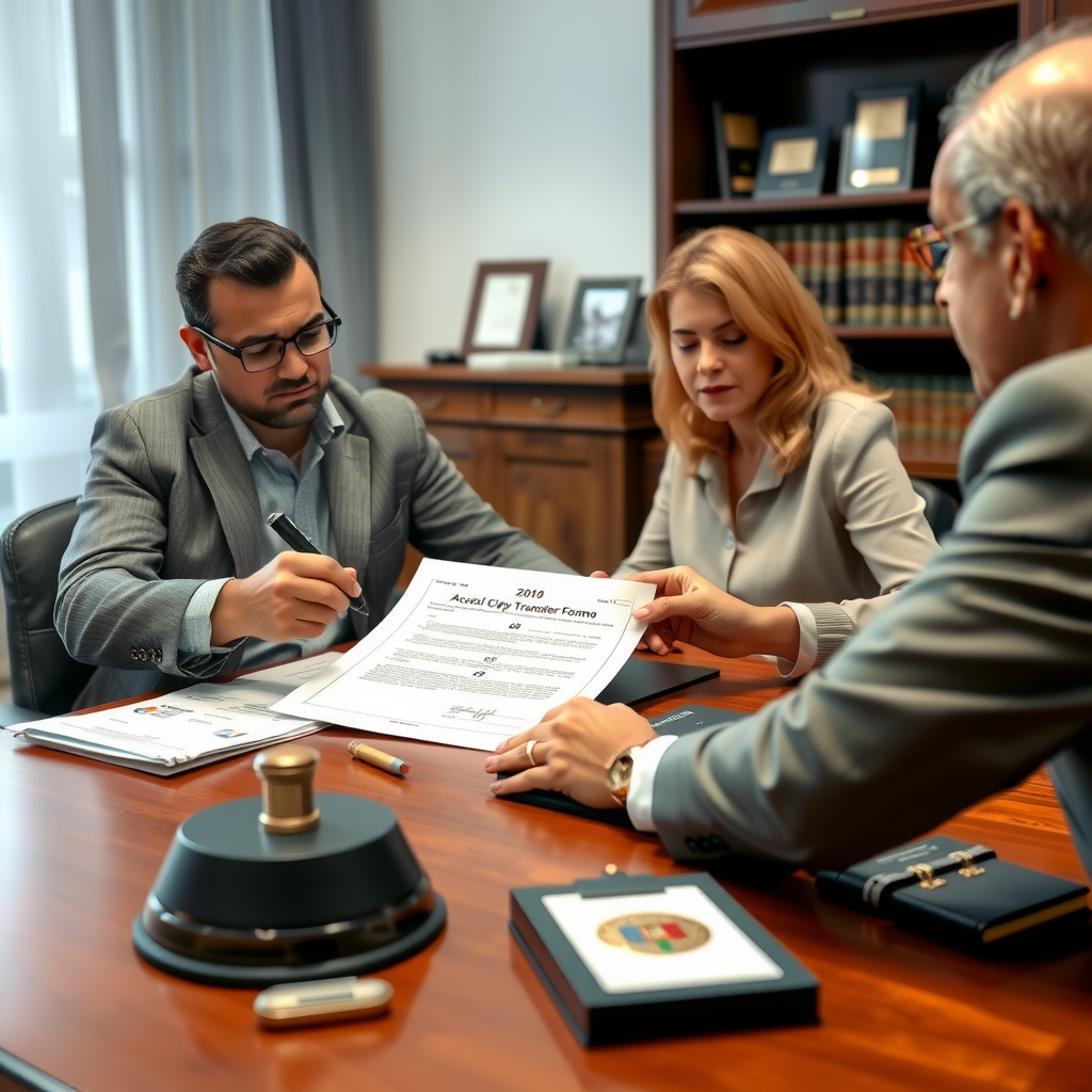 Escribano público argentino certificando firmas en formulario 08 de transferencia vehicular con comprador y vendedor presentes en escribanía profesional, documentos de identidad sobre escritorio, sello notarial visible, ambiente formal con biblioteca legal de fondo