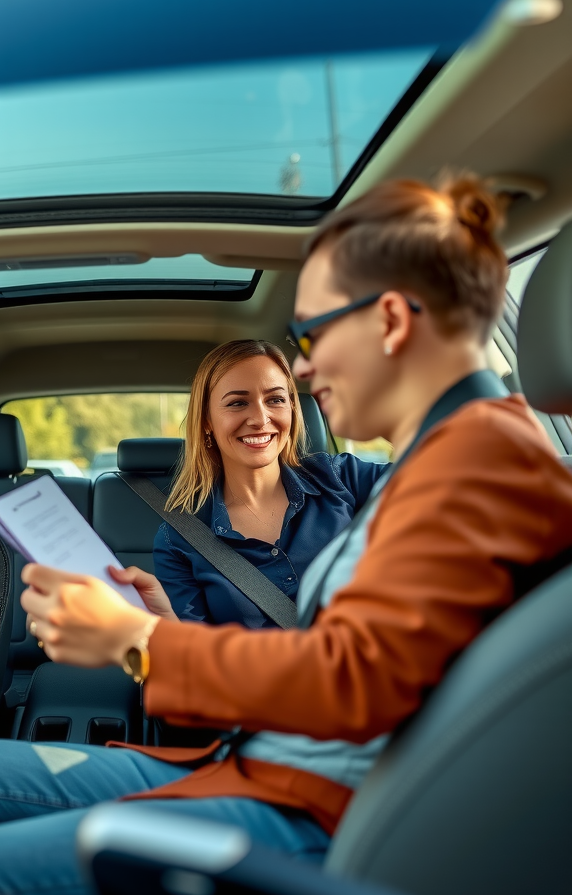 Familia argentina realizando prueba de manejo acompañada por asesor profesional de UnExperientYst, revisando características del vehículo, padre al volante, madre en asiento del copiloto tomando notas, asesor explicando funciones desde asiento trasero