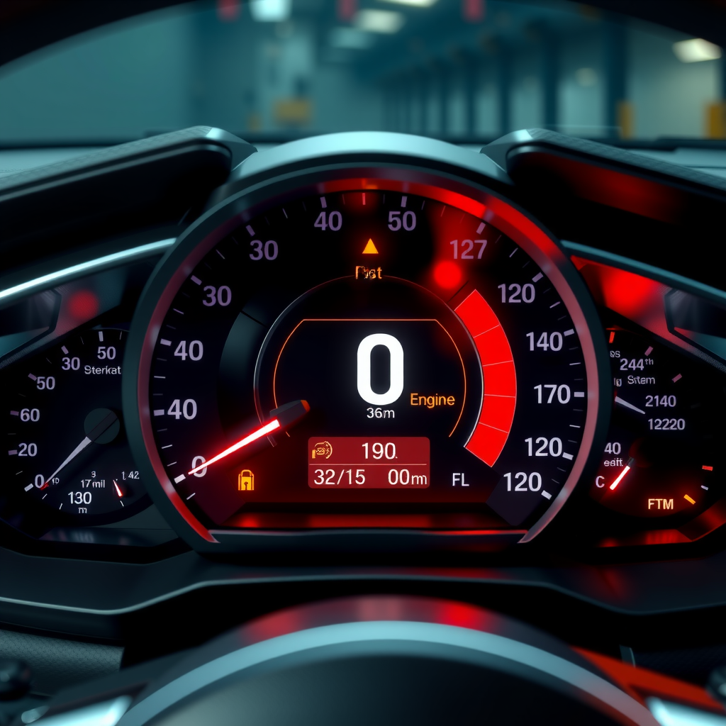 Tablero de instrumentos digital moderno mostrando temperatura motor, presión aceite y luces advertencia durante diagnóstico completo