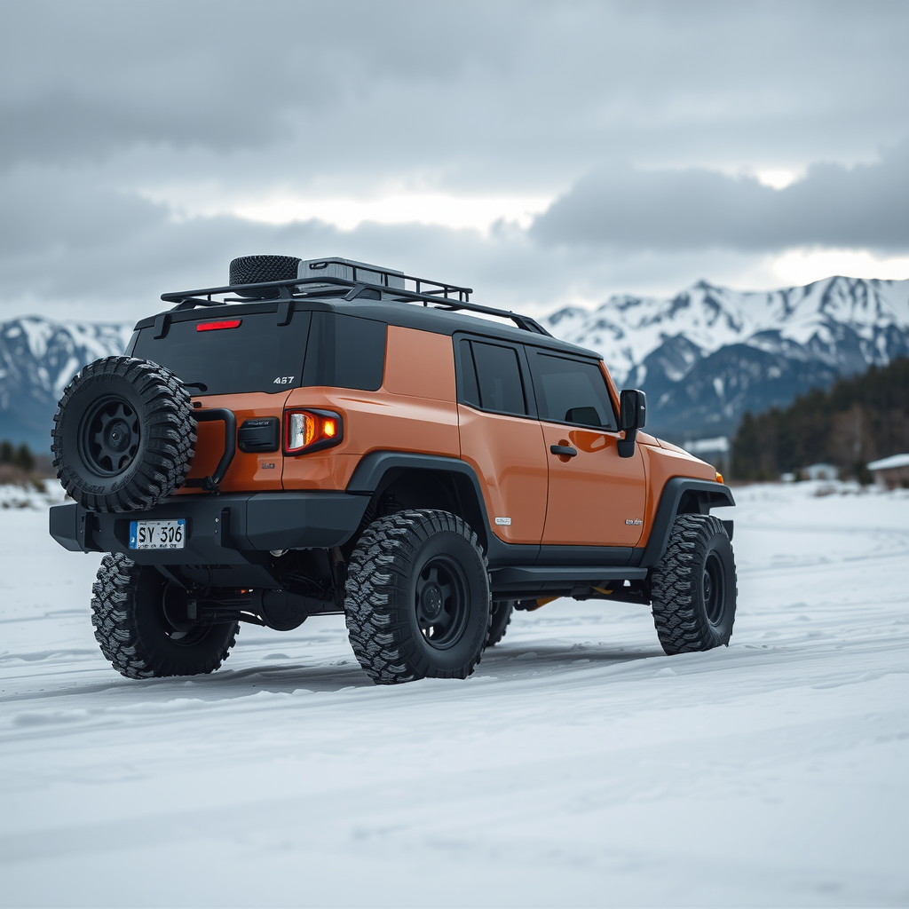 Vehículo 4x4 robusto en un paisaje patagónico invernal, con nieve en el suelo, montañas nevadas al fondo, cielo gris con nubes bajas, mostrando neumáticos de invierno y características de resistencia al frío extremo y vientos fuertes