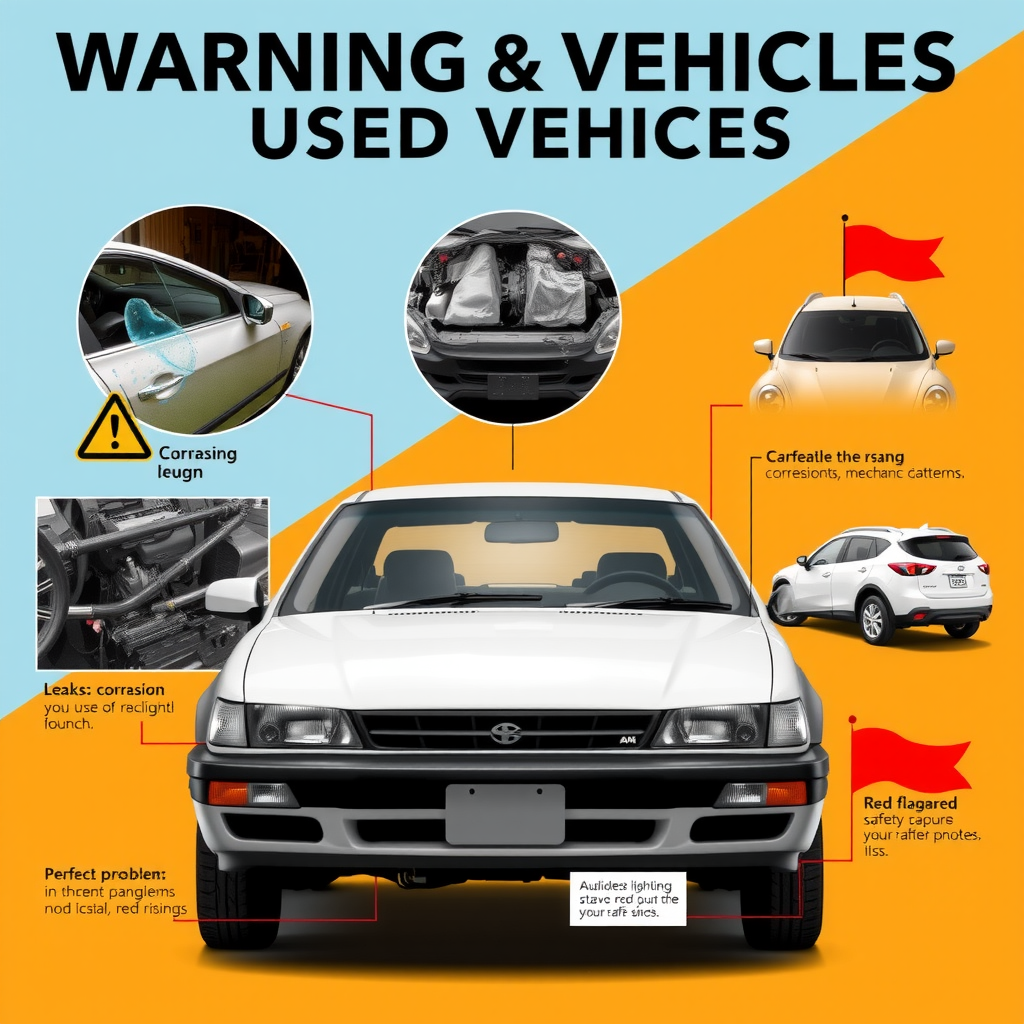 Infografía educativa mostrando señales de alerta comunes en vehículos usados: fugas, corrosión, daños ocultos, problemas mecánicos y banderas rojas que indican riesgos de seguridad