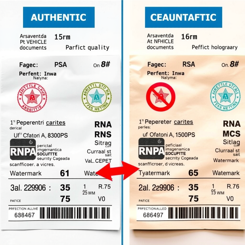 Comparación lado a lado de documentos vehiculares argentinos auténticos versus falsificados, mostrando diferencias en calidad de papel, sellos oficiales del RNPA, hologramas de seguridad, tipografía, y marcas de agua, con flechas indicando elementos de seguridad a verificar