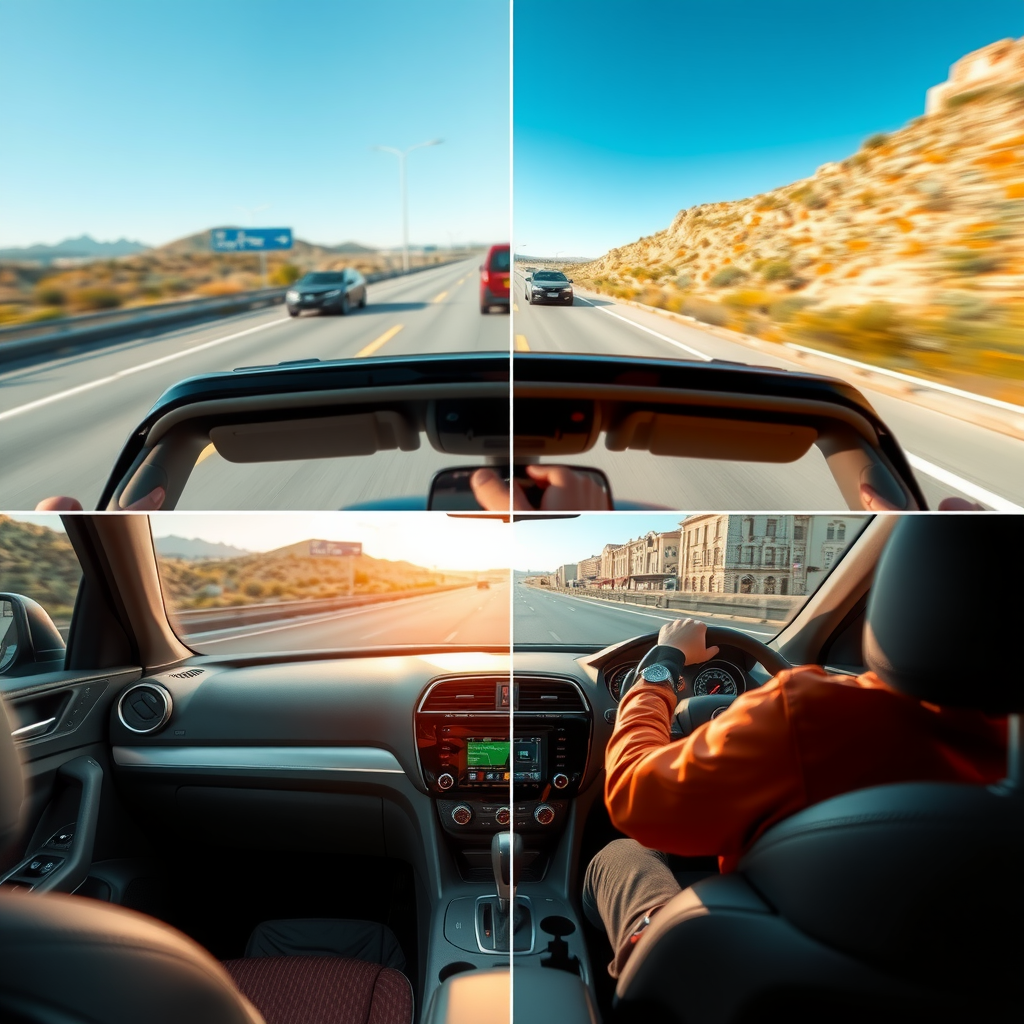 Vehículo siendo probado en diferentes condiciones: ruta, autopista, ciudad y camino irregular con conductor evaluando respuesta