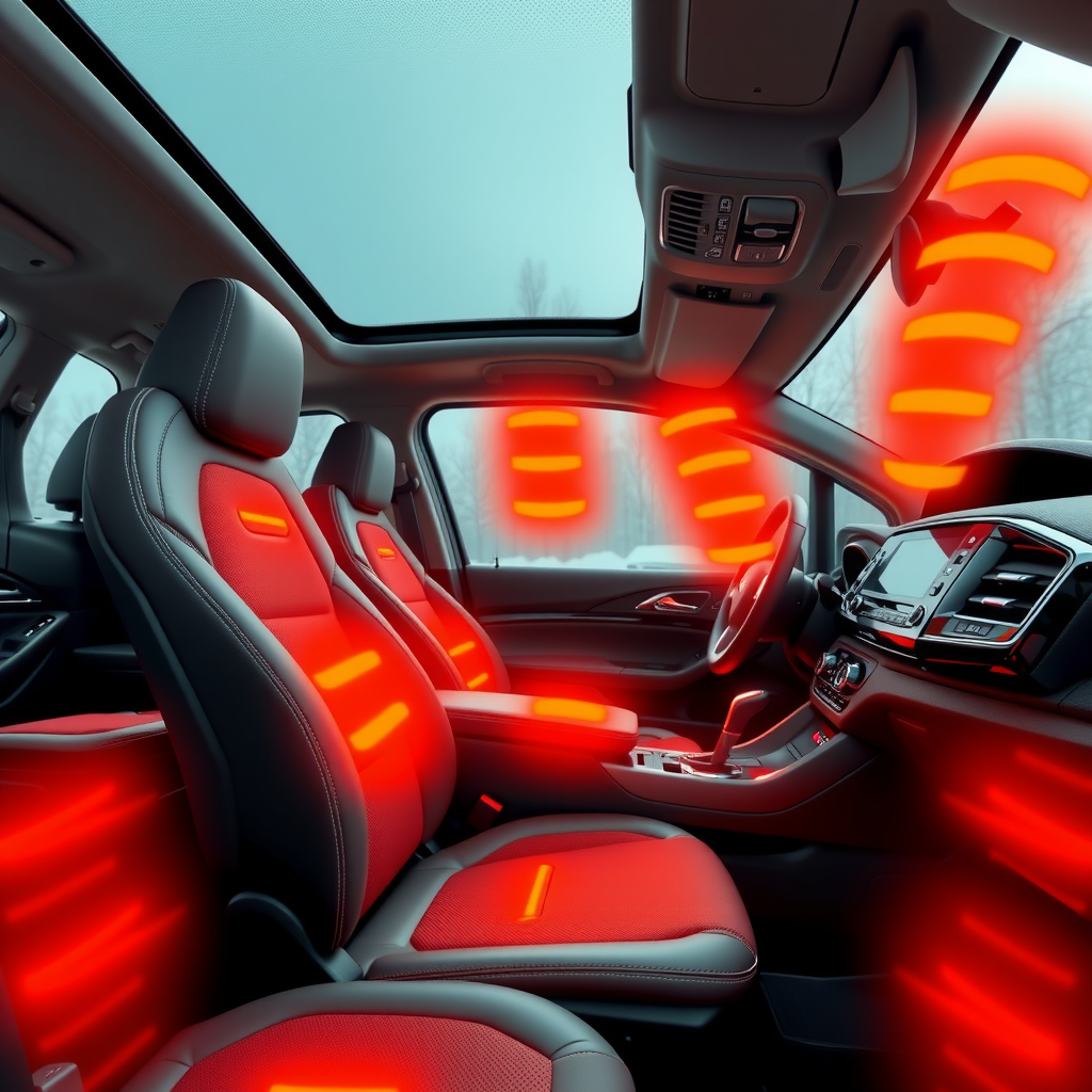 Interior moderno de vehículo mostrando sistemas de calefacción avanzados, asientos calefaccionados con indicadores LED, volante térmico, climatizador digital con controles de temperatura, ventilaciones múltiples y materiales de calidad resistentes al frío