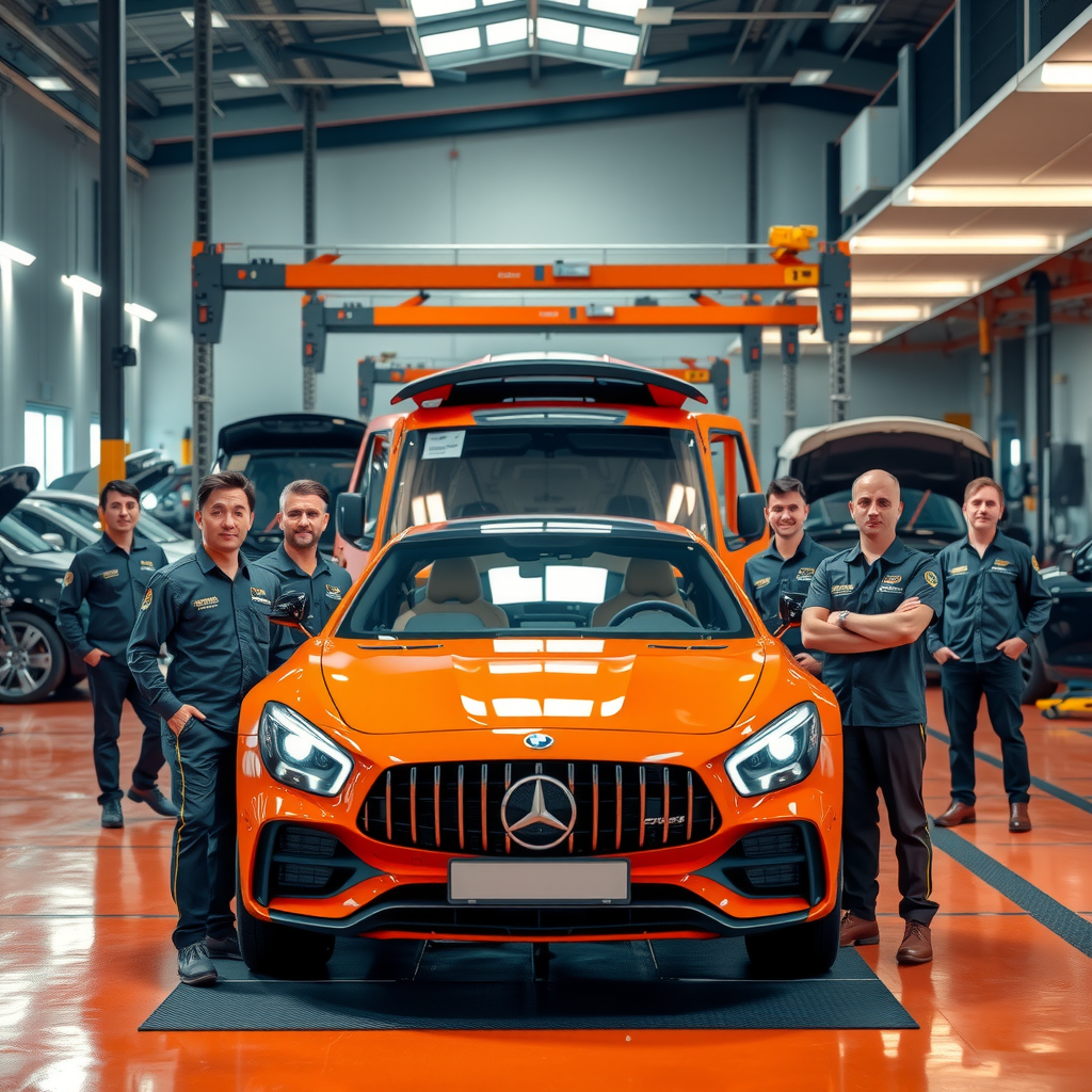 Equipo completo de profesionales de UnExperientYst reunidos en taller moderno con vehículos en diferentes etapas de inspección