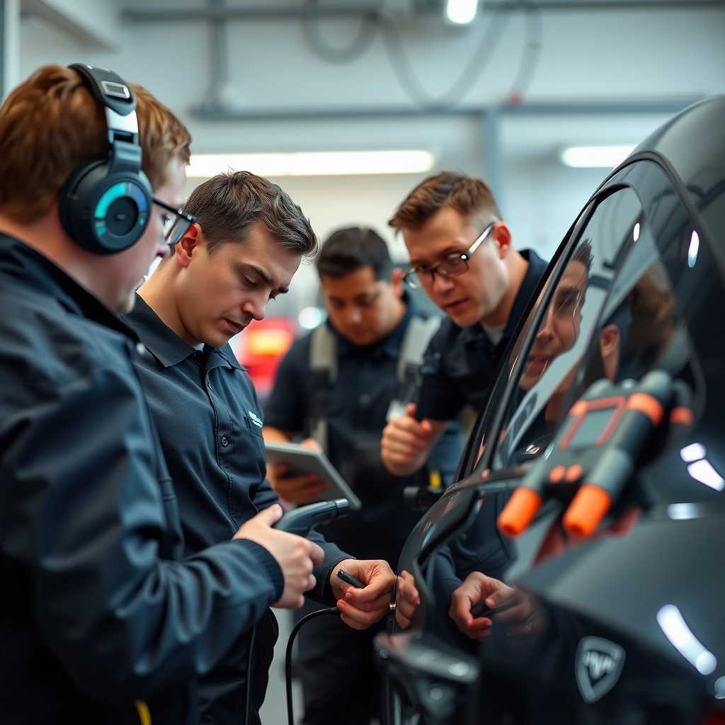 Equipo profesional de UnExperientYst realizando inspección exhaustiva de vehículo usado con equipos especializados, escáner de diagnóstico y herramientas profesionales en taller certificado