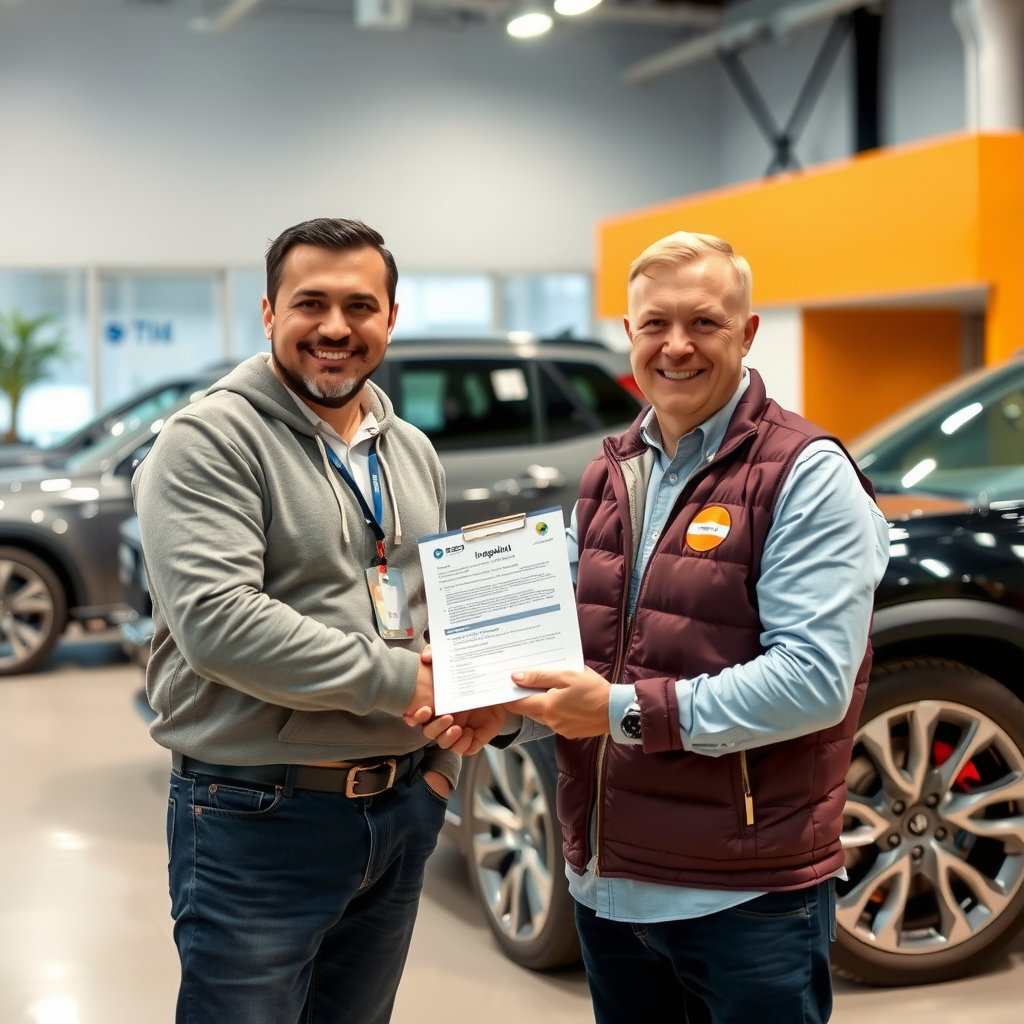 Comprador satisfecho estrechando mano con vendedor junto a vehículo inspeccionado con checklist completo y documentación en mano
