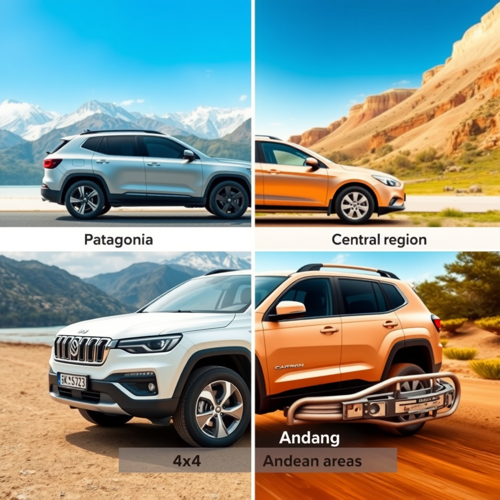 Composición visual mostrando diferentes tipos de vehículos recomendados para cada zona climática de Argentina: SUV para Patagonia, sedán para región central, vehículo con aire acondicionado potente para el norte, y 4x4 para zonas andinas, con fondos representativos de cada región