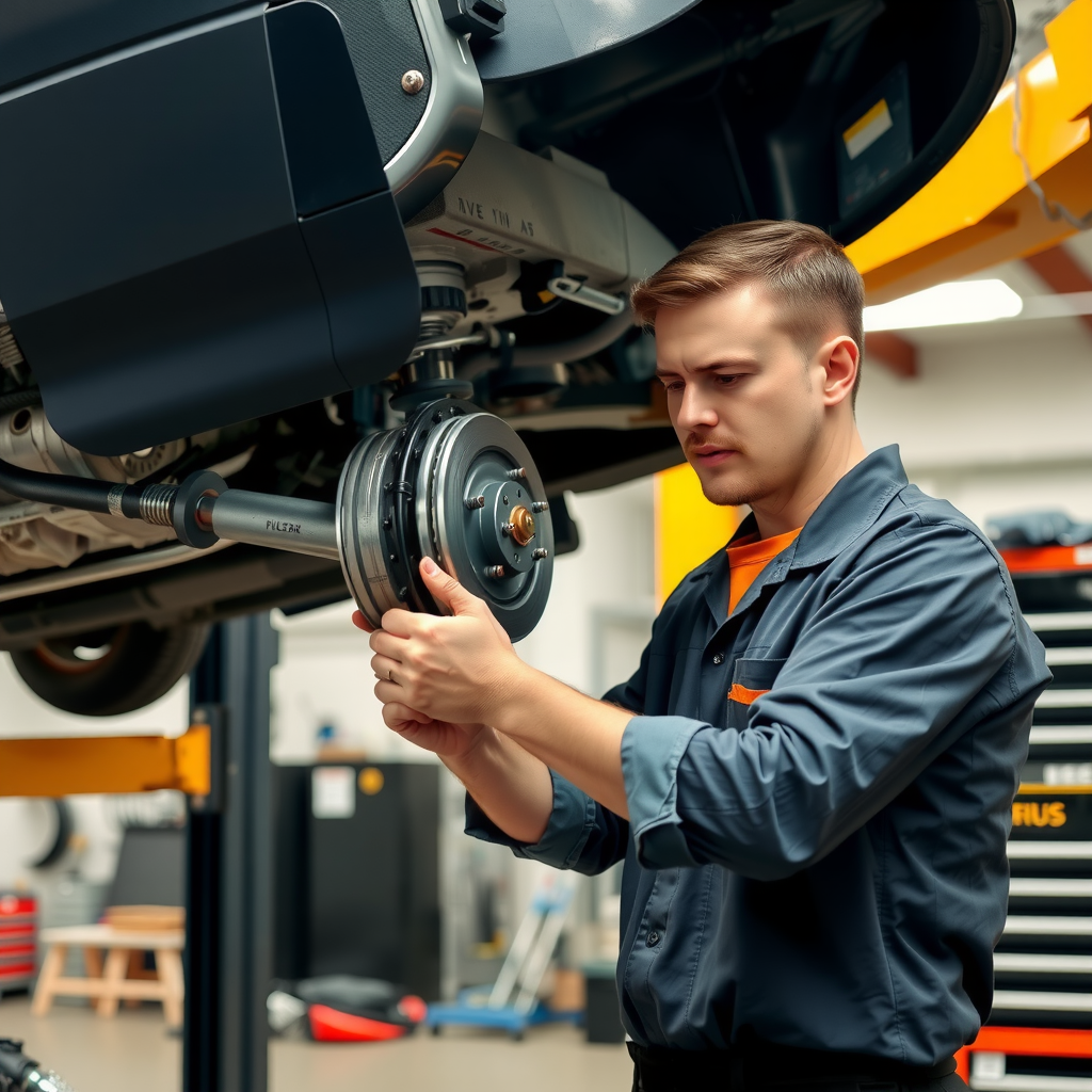 Mecánico profesional realizando inspección detallada de suspensión y sistema de frenos en vehículo elevado en taller equipado